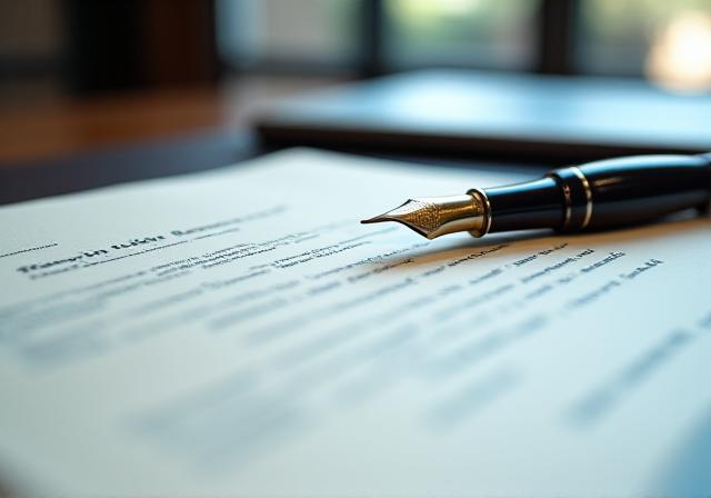 Close-up of a sophisticated legal professional reviewing high-quality parchment documents in a modern London law office