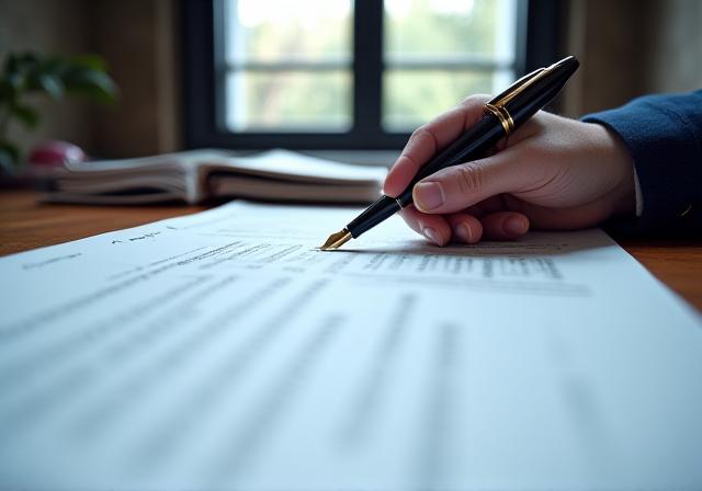 Close up of a legal professional reviewing an intellectual property contract in a modern office