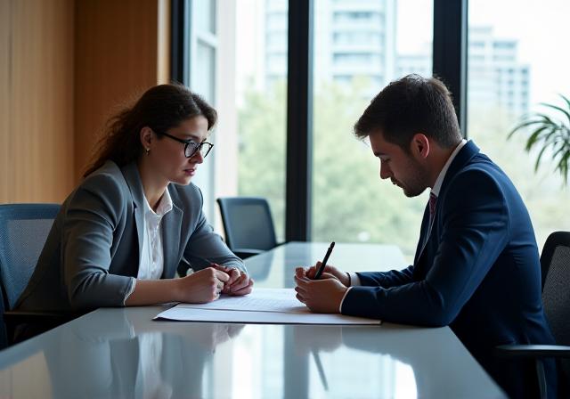 Two professionals in a modern office looking at a contract together in a high-trust atmosphere